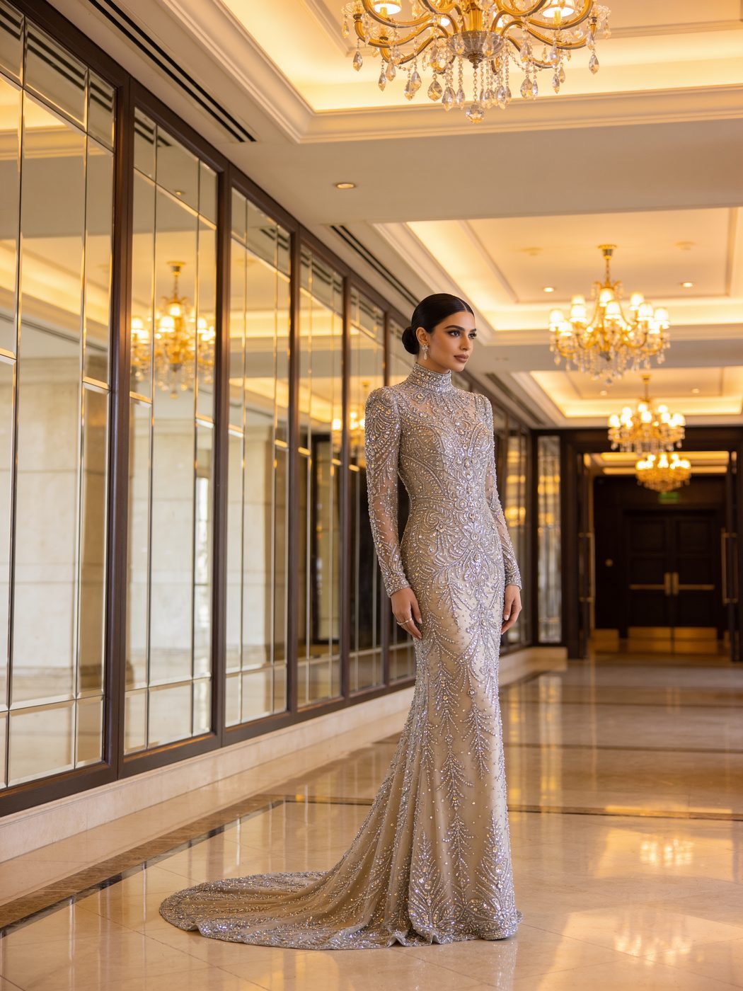Evening gown in a hotel lobby